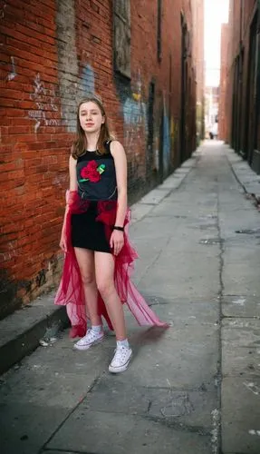 girl in a historic way,hip rose,girl walking away,rose petals,red cape,alley cat,girl in flowers,super heroine,red brick wall,red super hero,tufts rose,alleyway,girl in a long dress,girl in t-shirt,wa