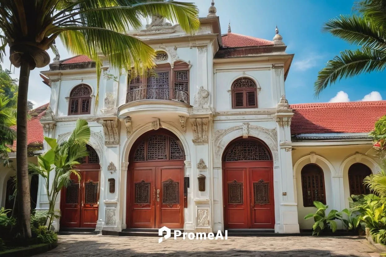 Jakarta Dutch architecture, Batavia style, colonial building, grand entrance, ornate wooden door, stone walls, red-tiled roof, arched windows, vintage street lamps, cobblestone pavement, tropical plan