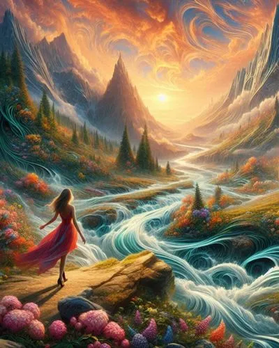 fantasy landscape,fantasy picture,fantasy art,world digital painting,landscape background,the mystical path,river landscape,dream world,3d fantasy,flowing water,rapids,mountain stream,oil painting on 