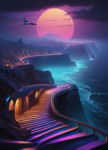 futuristic landscape,fantasy landscape,fantasy picture,purple landscape,cliffs ocean,cartoon video game background,cliffside,landscape background,sea night,dreamscape,the road to the sea,winding steps,stairway to heaven,ocean paradise,3d background,horizons,stairs to heaven,coastal road,clifftop,dreamscapes,Art,Classical Oil Painting,Classical Oil Painting 25