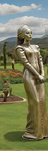 a large sculpture of a woman in a field of plants and other plants,garden sculpture,golf course background,golf landscape,mother earth statue,feng shui golf course,bronze sculpture,Illustration,Black 