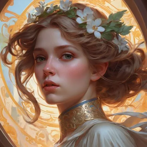 golden wreath,fantasy portrait,mystical portrait of a girl,girl in a wreath,jessamine,blooming wreath,golden crown,mucha,flora,gold flower,spring crown,faery,golden flowers,wreath of flowers,rose wreath,flower fairy,flower girl,faerie,gold filigree,sun bride,Conceptual Art,Fantasy,Fantasy 01