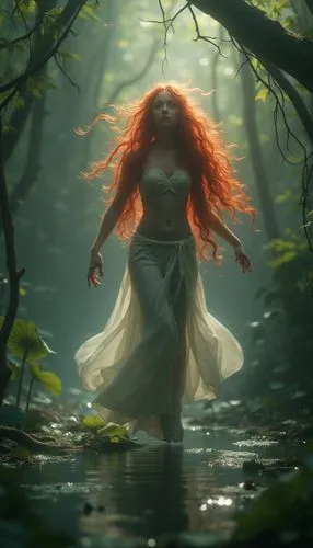 As the misty air swirls around a grotesque swamp, a radiantly sexy woman with long, flowing red hair takes flight, radiating a radiant aura. She transforms into a fiery expression, sending vines dripp