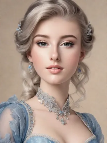 bionde 18th Century princess, wearing a blue and silver ball gown with a bustier, decollete, hair in an updo, beautiful,elsa,realdoll,victorian lady,cinderella,female doll,jane austen,fantasy portrait