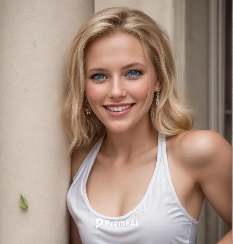 a portrait of a beautiful caucasian girl 23 years old blonde hair, blue eyes, smiling in a white top stand up in a balcony looking the street of Paris in the morning as background in 4k,beautiful youn