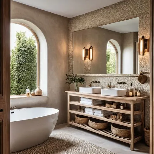 luxury bathroom,bathtub,shower bar,modern minimalist bathroom,bathroom,tub,bath accessories,bathtub accessory,ceramic tile,spanish tile,bath,washbasin,almond tiles,luxury home interior,tile kitchen,clay tile,natural stone,beauty room,stone sink,bathroom cabinet,Photography,General,Realistic