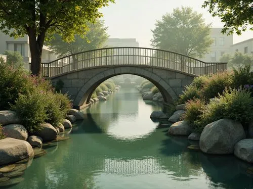 Soft celadon hues, gentle arches, rustic stone bridges, serene water reflections, lush greenery, vibrant flowers, delicate iron railings, weathered wooden planks, subtle texture variations, warm natur