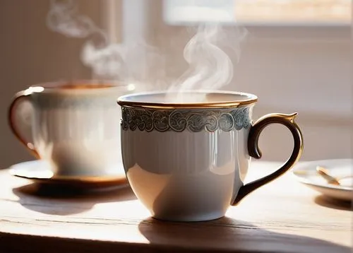 Ceramic mug, ornate handles, golden rim, delicate curves, morning sunlight, wooden table, warm lighting, cozy atmosphere, steam rising from hot coffee, subtle shadows, shallow depth of field, creamy w