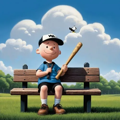 Charlie Brown, Lucy van Pelt, Snoopy, Woodstock, happy, smiling face, blue shirt, black shorts, baseball cap, holding baseball bat, sitting on bench, sunny day, green grass, white clouds, simple backg