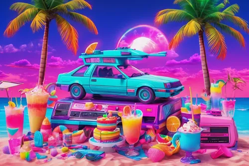 3d car wallpaper,bobby-car,dream beach,delight island,80s,tropics,easter truck,80's design,summer background,tropical house,3d background,retro background,ocean paradise,cartoon car,car hop,3d fantasy,pink car,retro vehicle,aesthetic,miami,Conceptual Art,Sci-Fi,Sci-Fi 28