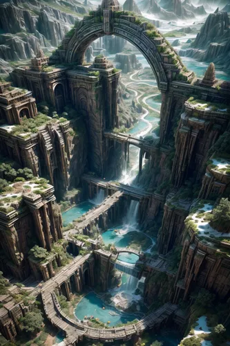 futuristic landscape,ancient city,fantasy landscape,terraforming,3d fantasy,virtual landscape,aerial landscape,atlantis,artificial island,dragon bridge,stargate,fantasy city,mountain world,flow of tim