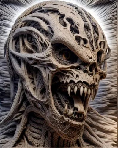 fractalius,mandelbulb,biomechanical,supernatural creature,alien warrior,skull sculpture,barong,skull statue,gorgon,skull mask,predator,reptilian,primitive man,hag,wooden mask,tiger png,tiger head,sculpt,flesh eater,leopard's bane