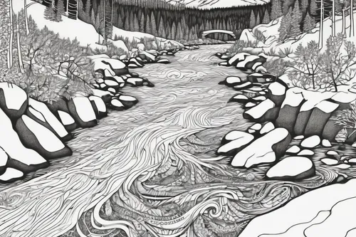 Write a thrilling adventure along the rapids of Bow River.,flowing creek,the brook,swampy landscape,snow drawing,brook landscape,snow bridge,mountain stream,stream bed,ice cave,streams,snow trail,brai