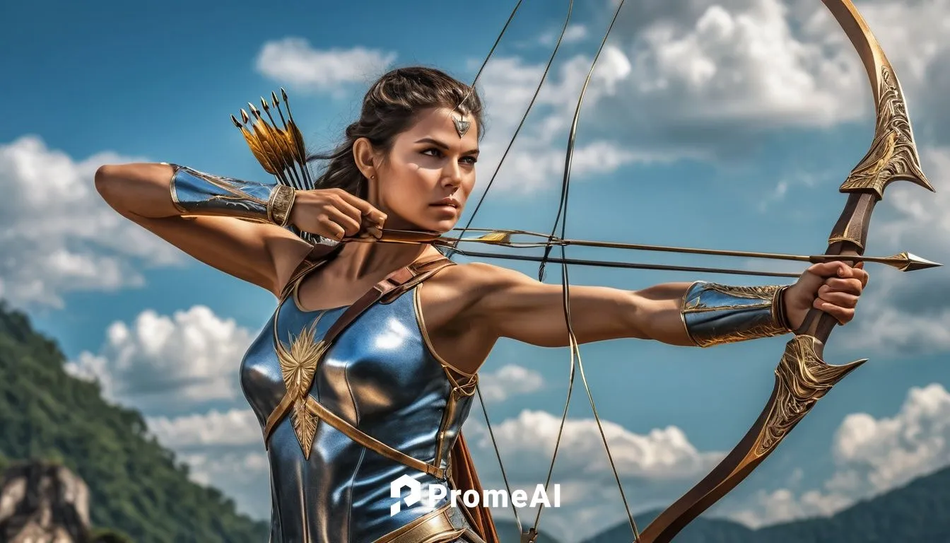 "A celestial archer with a taut bow and gleaming arrow, illustrating the precision and inevitability of divine justice."
,antiope,eretria,warrior woman,themyscira,female warrior,bow and arrows,kitana,