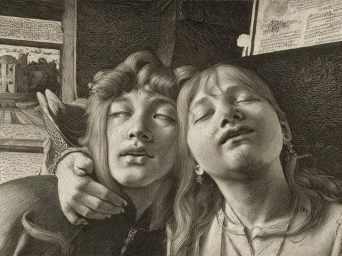 Portrait of a boy a fallen angel and a girl angel,the girl's face,stieglitz,escher,grant wood,botticelli,detail,the annunciation,astonishment,woman pointing,vintage art,children studying,gothic portra