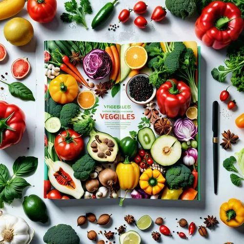 cooking book cover,recipe book,vegetable pan,colorful vegetables,cookbook,vegetable casserole,Photography,General,Realistic