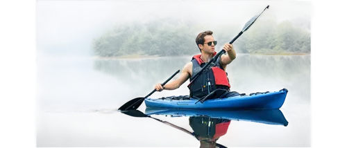 Kayaker, young adult, male, athletic build, short hair, sunglasses, life jacket, paddle in hand, kayak in water, reflection on lake surface, morning mist, soft lighting, panoramic view, 3/4 compositio