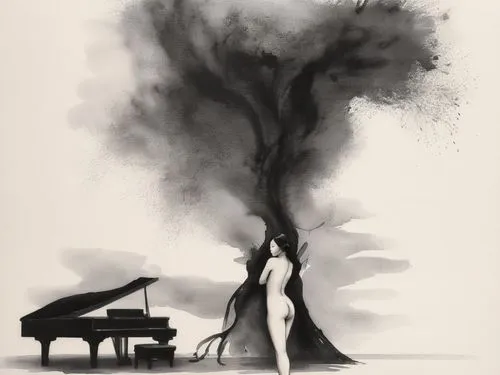 Passion Sexy Painting ,Naked Woman  Abstract Body Art Oil Painting,a woman standing in front of a piano next to a tree and a piano,jazz silhouettes,piano player,concerto for piano,the piano,chopin,pia