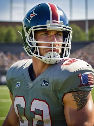 American football player, muscular man, strong facial features, short blonde hair, blue eyes, small nose, prominent jawline, white teeth, sweaty skin, athletic wear, football helmet, shoulder pads, Am