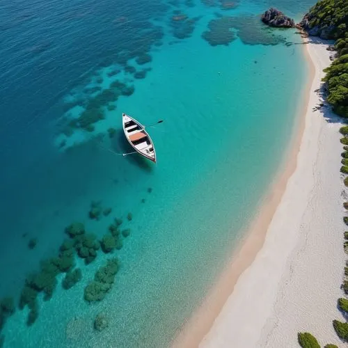 一艘孤獨的小船漂浮在清澈透明的島嶼海灘邊,a boat that is out in the water,fiji,bermuda,bvi,abacos,tahaa,gokdeniz,kefalonia,halkidiki,maldivian,exuma,lefkada,kurumba,anguilla,bahamas,shipwreck beach,vanuatu,lanikai,raroton