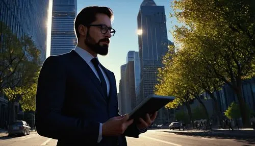 Urban design expert, male, 35-40 years old, wearing black-framed glasses, short brown hair, beard, white shirt, black tie, dark blue suit, holding a tablet, standing in front of a modern skyscraper, c