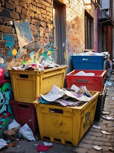 Colorful trash, Polka dot pattern, messy splatter, playful scattered papers, urban alleyway setting, graffiti-covered walls, old wooden crates, ripped fabric, shiny metallic scraps, morning sunlight f