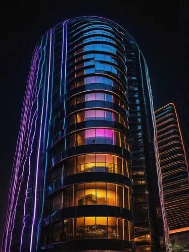 Dynamic architecture design, futuristic skyscraper, curved lines, iridescent glass, neon lights, metallic frames, abstract shapes, urban cityscape, bustling streets, nighttime, 3/4 composition, low-an