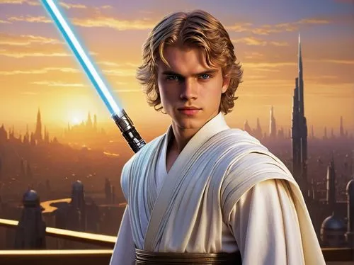 Anakin Skywalker, smiling, young adult male, strong facial features, piercing blue eyes, short blonde hair, white robes with intricate Jedi designs, metallic lightsaber hilt at belt, standing proudly,