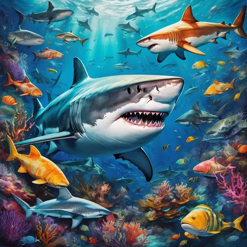 underwater background,great white shark,aquarium inhabitants,underwater world,sharks,aquarium,requiem shark,aquarium decor,ocean background,shark,school of fish,sea animal,dolphin background,sea life underwater,sand tiger shark,underwater landscape,bull shark,marine animal,tiger shark,jaws,Illustration,Paper based,Paper Based 04