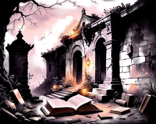 ruins,mausoleum ruins,hall of the fallen,haunted cathedral,ruin,old graveyard,the ruins of the,graveyard,haunted castle,ghost castle,necropolis,halloween background,sepulchre,castle ruins,lostplace,lost place,the fallen,destroyed city,mortuary temple,backgrounds,Illustration,Black and White,Black and White 30