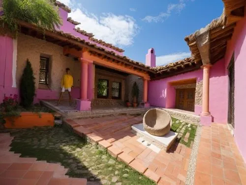 DISEÑO DE UNA CASA ESTILO MEXICANO MODERNO, CON UN CLAUSTRO CONFORMADO POR UNA TERRAZA  A BASE DE VIGAS DE MADERA, TEJA, COLUMNAS REDONDAS, EN EL CENTRO UN ESPEJO DE AGUA, CON EL ESTILO DE LA ARQUITEC