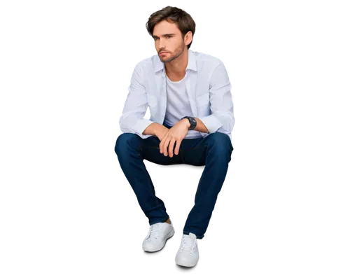 Man, sitting, stairs, relaxed posture, casual clothes, white shirt, dark jeans, sneakers, messy brown hair, stubble, serious expression, hands clasped together, morning light, soft shadows, 3/4 compos