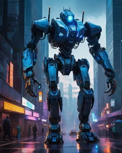 Atlan mech, sci-fi robot, mechanical body, glowing blue eyes, metallic skin, intricate circuitry patterns, powerful legs, massive arms, sharp claws, futuristic cityscape, towering skyscrapers, neon li