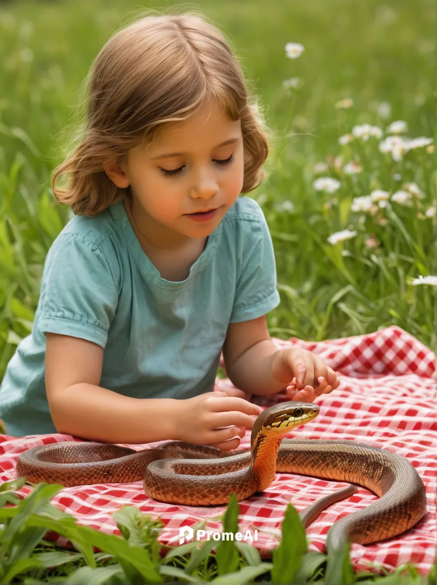 A curious child encounters a friendly corn snake during a picnic in a peaceful meadow.,snake charming,ringneck snake,child with a book,little girl reading,child playing,corn snake,child in park,common