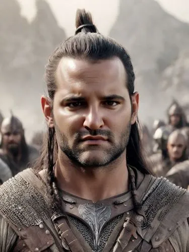 Uruk, Lord of Rings movie scene,a man with long hair and beard is wearing armor,drona,dothraki,khilji,ashur,drogo,khal,Photography,Realistic