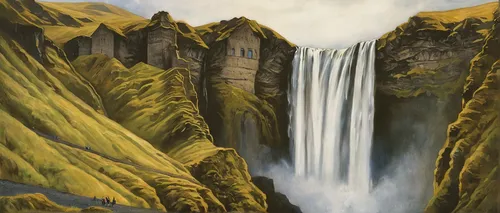 skogafoss,haifoss,gufufoss,falls of the cliff,wasserfall,kirkjufellfoss,brown waterfall,water falls,kirkjufell river,tower fall,seljalandsfoss,water fall,waterfalls,falls,fjords,fjord,cascades,hydroelectricity,cascade,waterfall,Illustration,Realistic Fantasy,Realistic Fantasy 14