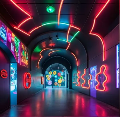 Interior with a barrel vault ceiling. It has neon lights of different colors which follow circuits across the walls and ceiling. The neon lights create cocacola bottles in the walls. At the end there 