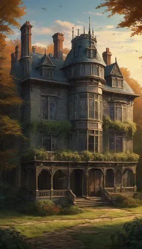 house in the forest,violet evergarden,witch's house,fairy tale castle,castle of the corvin,studio ghibli,dandelion hall,knight house,ancient house,country estate,chateau,house silhouette,homestead,country house,bethlen castle,ghost castle,private house,fairytale castle,knight's castle,summit castle,Art,Classical Oil Painting,Classical Oil Painting 23