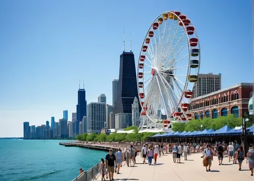 Cityscape of Chicago, skyscrapers, modern architecture, sunny day, clear blue sky, Lake Michigan shoreline, Navy Pier, Ferris wheel, seagulls flying overhead, sailboats and yachts docked, people walki