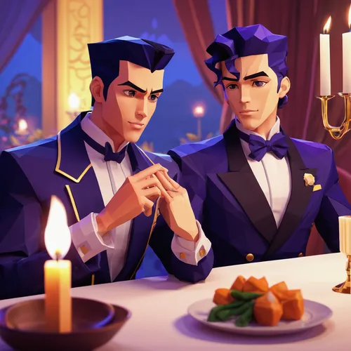 Prompt 5: Josuke in a romantic mood, enjoying a candlelit dinner with his crush in a luxurious restaurant.,wedding banquet,romantic dinner,wedding icons,dinner party,exclusive banquet,dinner for two,g