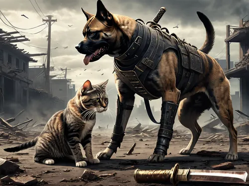 dog fighting against cat, both with katanas,dog and cat,cat warrior,stray dogs,companion dog,dog - cat friendship,toyger,hunting dogs,street dogs,dog cat,fallout4,mastiff,strays,pet,german shepards,ki