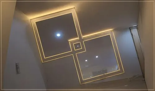 Lighting in place of yellow color
Gypsum decoration in the ceiling of a room with hidden LED lighting,a bathroom with mirrors and lighting in it,gold stucco frame,wall light,mirror frame,ceiling light