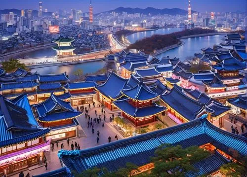 Seoul, Korea, modern cityscape, skyscraper, busy streets, neon lights, night view, Han River, N Seoul Tower, Bukchon Hanok Village, traditional Korean roof, intricate wooden carvings, vibrant colors, 