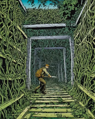 tunnel of plants,plant tunnel,background ivy,forest man,maze,forest workers,farmer in the woods,sci fiction illustration,rope bridge,frame illustration,vines,book illustration,the forests,hedge,the forest,adventure game,forager,ivy frame,tree stand,cartoon forest,Illustration,American Style,American Style 14