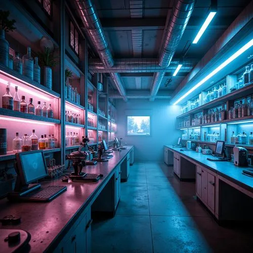 Vibrant metabolic lab, futuristic equipment, metallic surfaces, neon-lit glass tubes, pulsing LED lights, industrial pipes, concrete floors, sterile workbenches, Petri dishes, microscopes, futuristic 