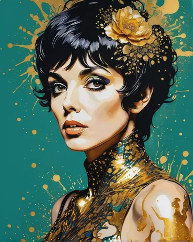 Sticker design Masterpiece, ferrofluid ink drawing of LIZA MINELLI, perfect muscular hardbody, multi exposure, liquid gold splatter, by Agnes Cecile|Walt Disney, psychodelic 70s background inspired by