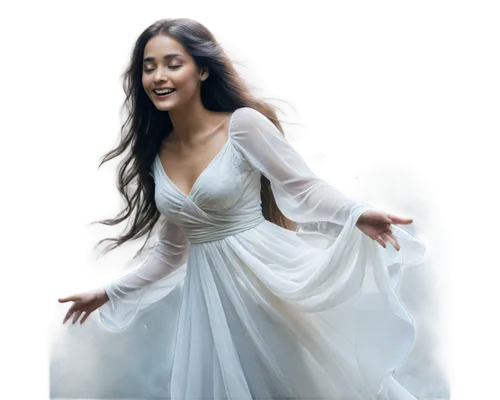 Ethereal ghost, translucent body, glowing eyes, flowing white gown, long hair, eerie smile, floating in air, wispy tendrils, misty aura, dim lighting, soft focus, cinematic composition, panoramic view