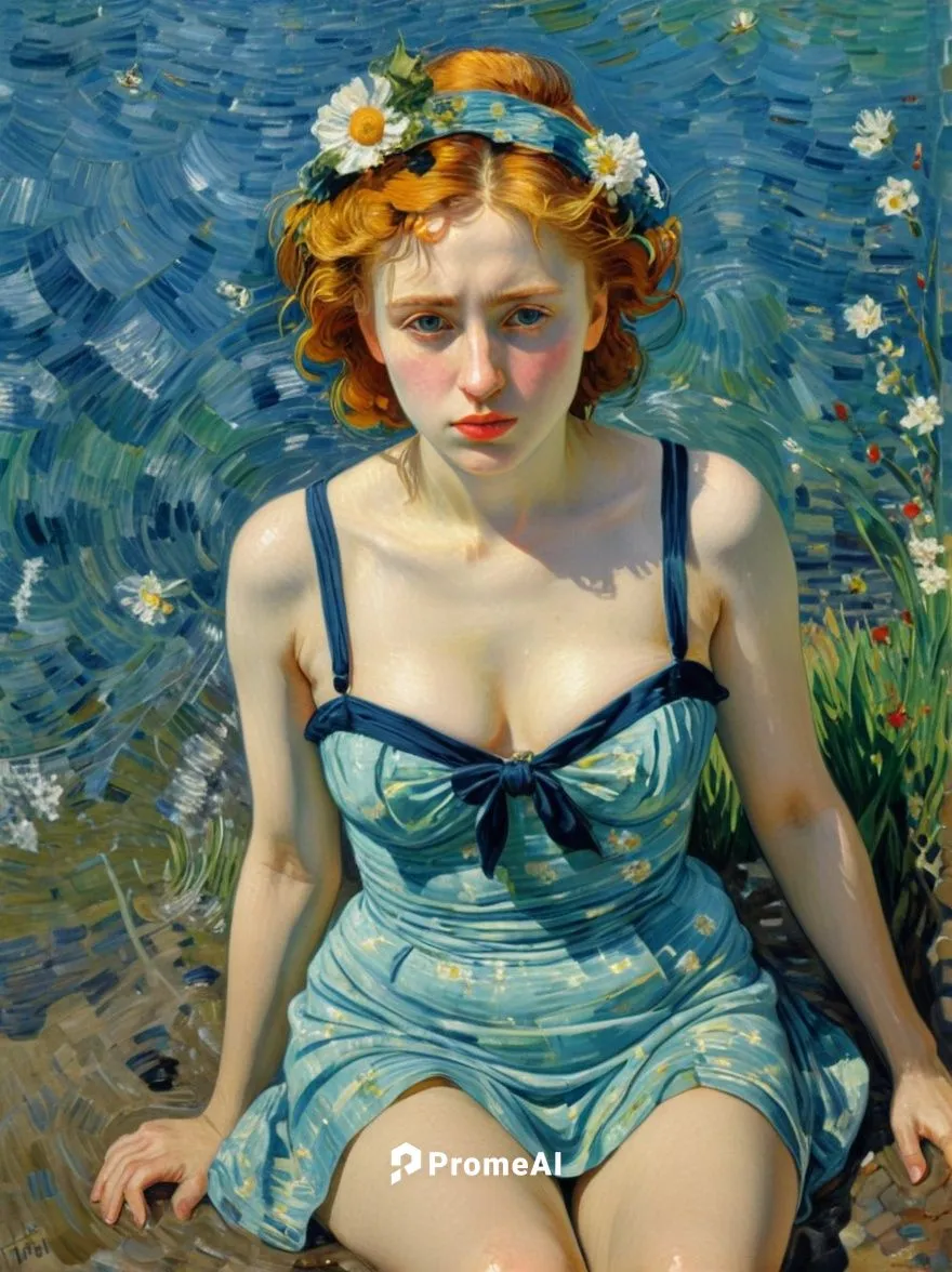 Bathing beauty. Let the motif appear as a French impressionist painting as if it had been painted by Vincent van Gogh.,the girl is posing by the water on her knees,water nymph,the blonde in the river,