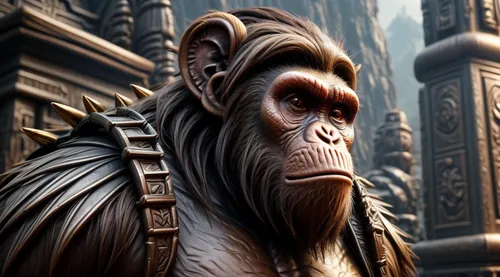 Monkey King, Planet of the Apes, cruel expression, dashing, muscular, wearing an iron helmet, battle armor with iron spikes as accessories.,baboon,kong,orangutan,chimpanzee,great apes,gorilla,ape,king