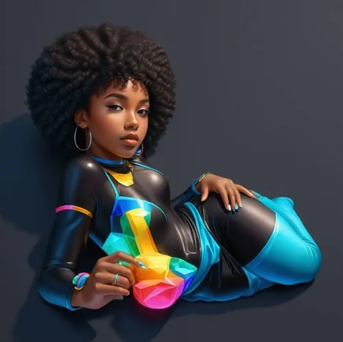 a black girl, afro girl, photorealistic art, a black girl, girl lying down, calm girl, photorealistic art.,the girl in a dress is holding a bag,ebony,afrofuturism,kori,domino,eboni,3d render,Unique,3D